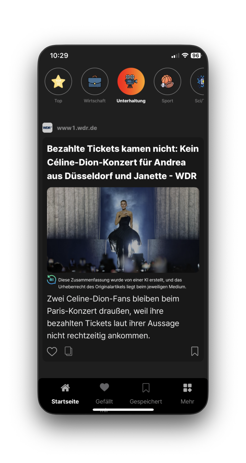 Neper-Mobile-App mit Unterhaltungsnachrichten auf Deutsch