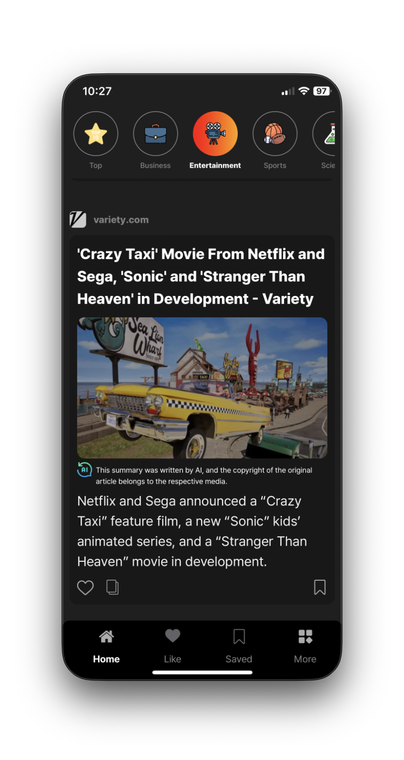 Neper mobile app showing entertainment news in English